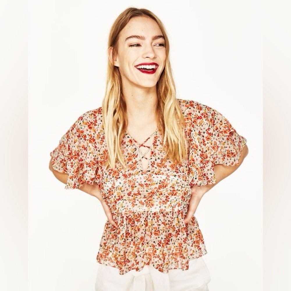 Zara Orange Floral Flutter Sleeve Cropped Ruffle Blouse